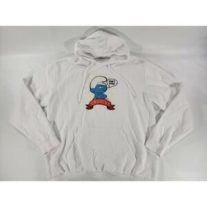 VTG The SMURFS White Hoodie Patch Appliqué Graphic GROUCHY Sweatshirt Adult Sz L